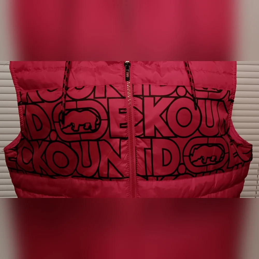 ECKO UNLTD Puffer Vest Mens Size XL Red/Black Hooded Full Zip Spell Out - Picture 2 of 16